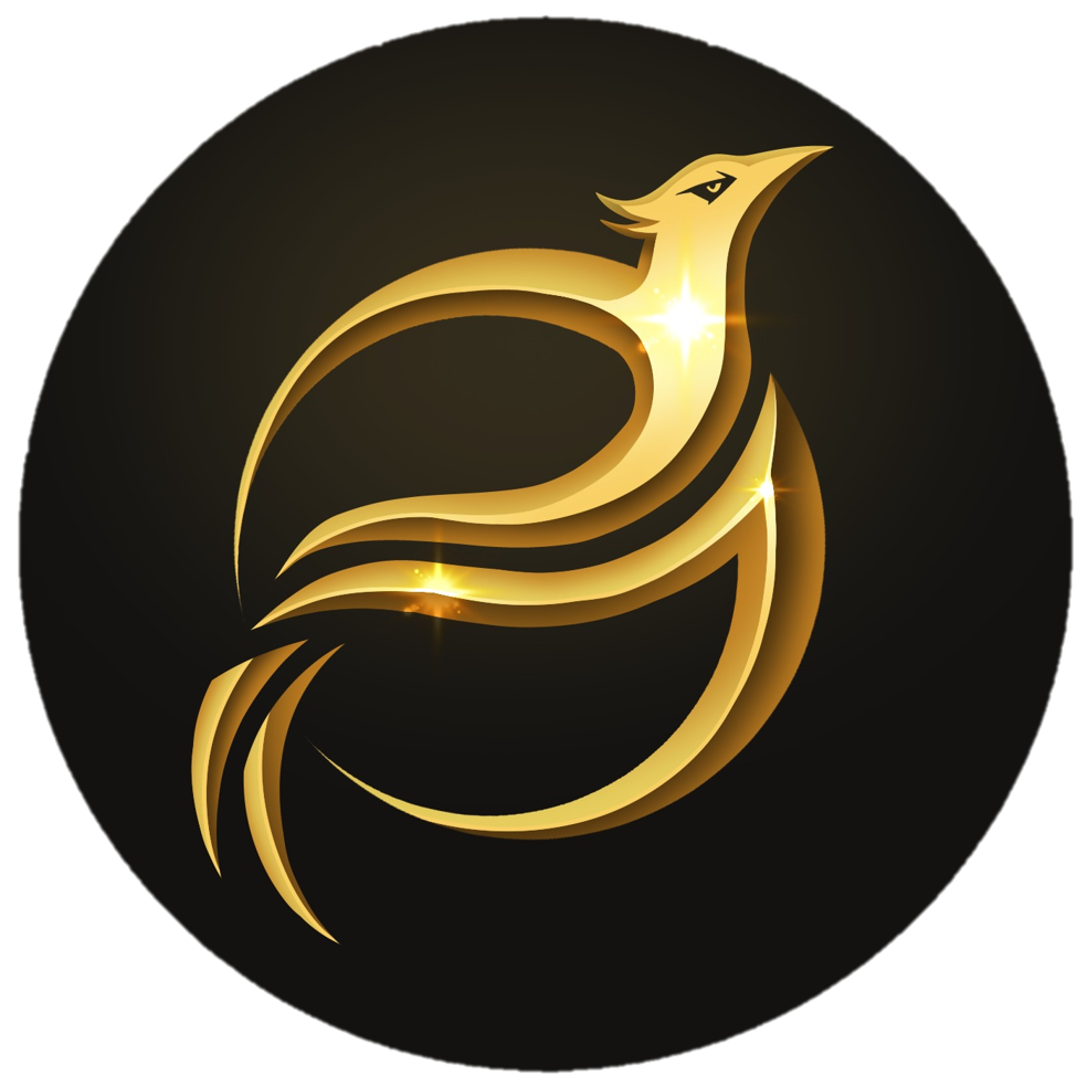 logotipo de Fenix corp, circulo con un fenix dorado adentro